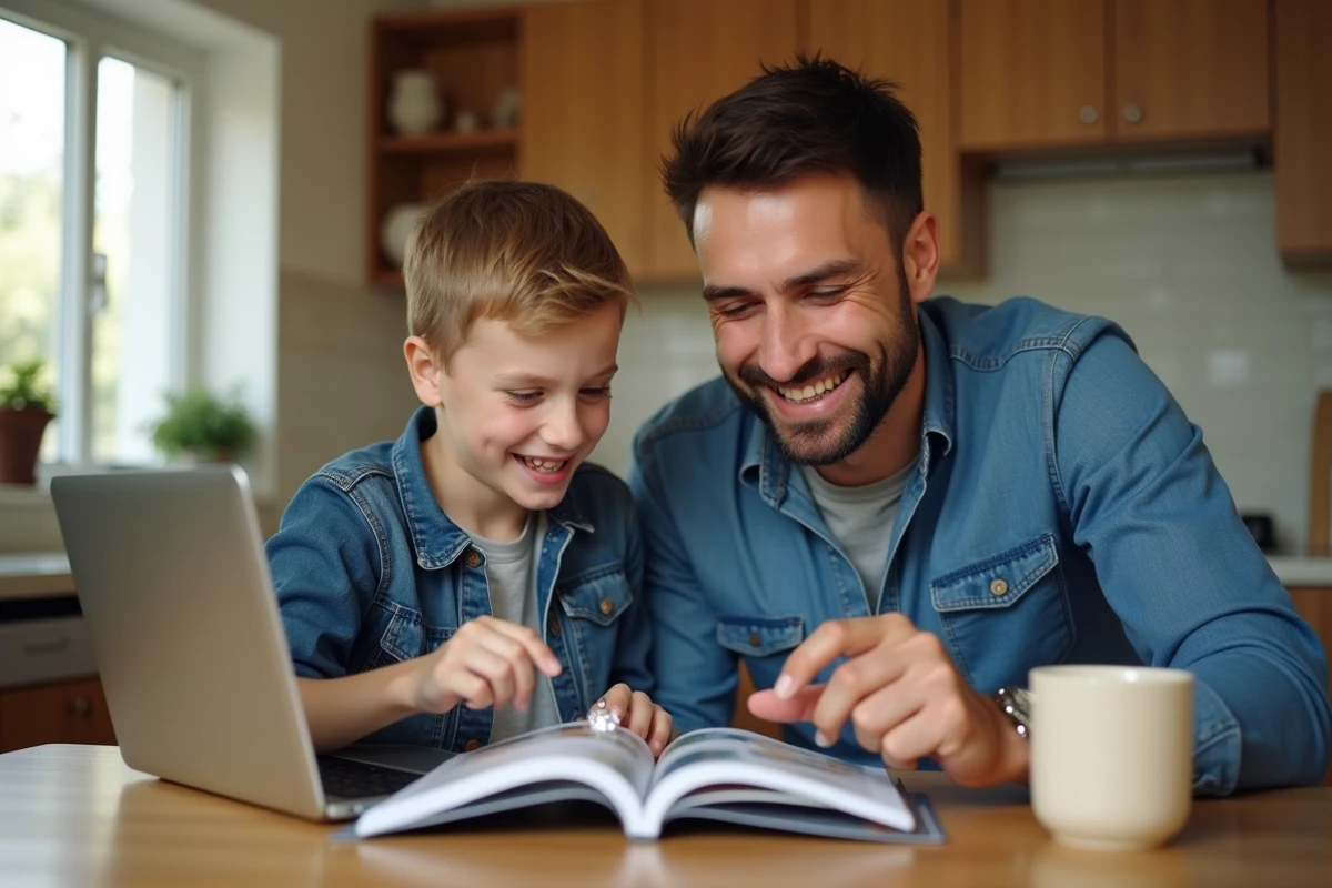 Père et fils choisissant ensemble une bague pour enfant garçon sur un catalogue et un ordinateur