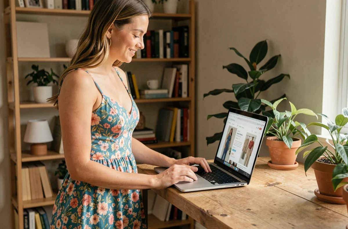 Jeune femme en robe d'anniversaire florale commandant en ligne sur son ordinateur portable à la maison