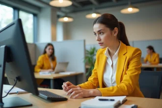 Agent débutante de La Poste en uniforme jaune consultant l'espace habillement sur un ordinateur de bureau en open space