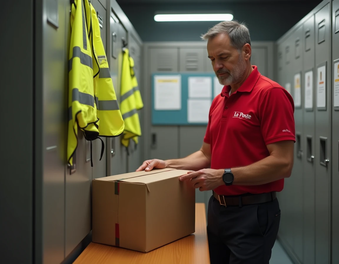 Agent La Poste vérifiant sa dotation vestimentaire dans le vestiaire du personnel de l'agence postale