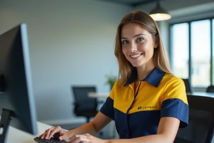 Nouvelle agente La Poste consultant l'espace habillement en ligne sur un ordinateur de bureau dans un bureau administratif