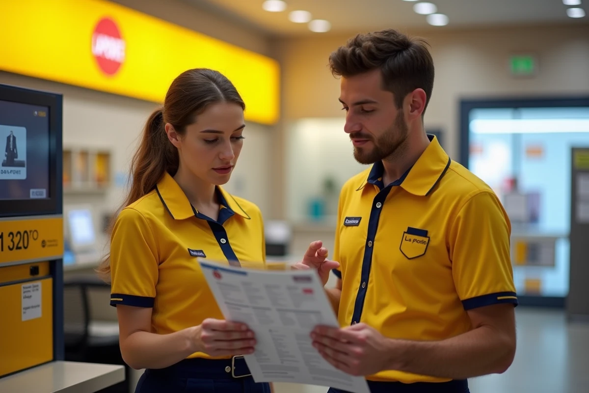 Deux agents La Poste en uniforme discutant des dotations vestimentaires dans une agence postale
