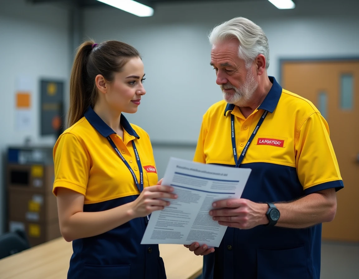 Deux agents La Poste discutant du guide de l'espace habillement dans la salle de pause d'un centre de tri postal