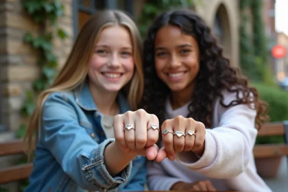 Deux adolescentes montrant leurs bagues BFF en forme de c&oelig;ur