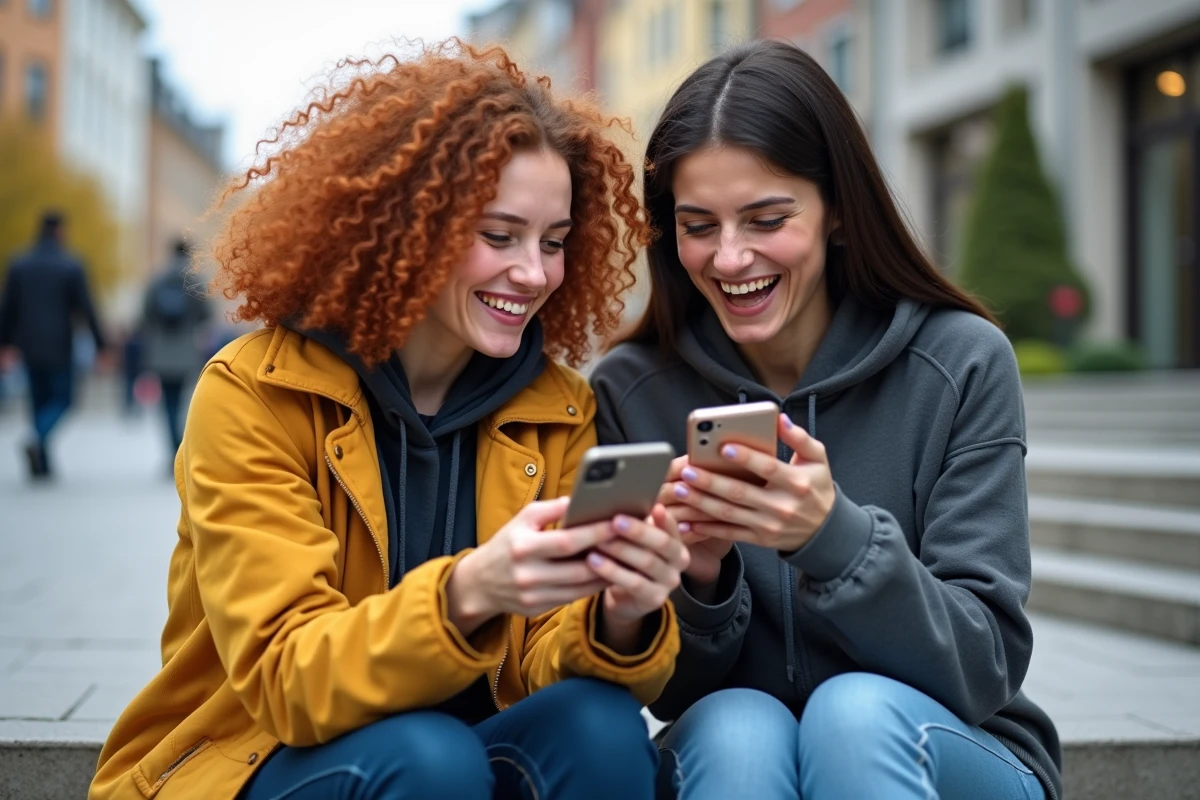 Deux amies comparant leurs coques téléphone originales en extérieur en ville