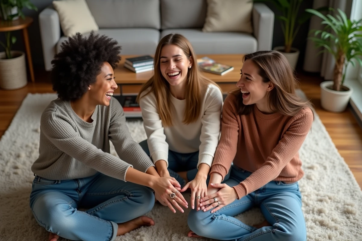 Trois jeunes amis riant avec bagues cœur dans un salon chaleureux