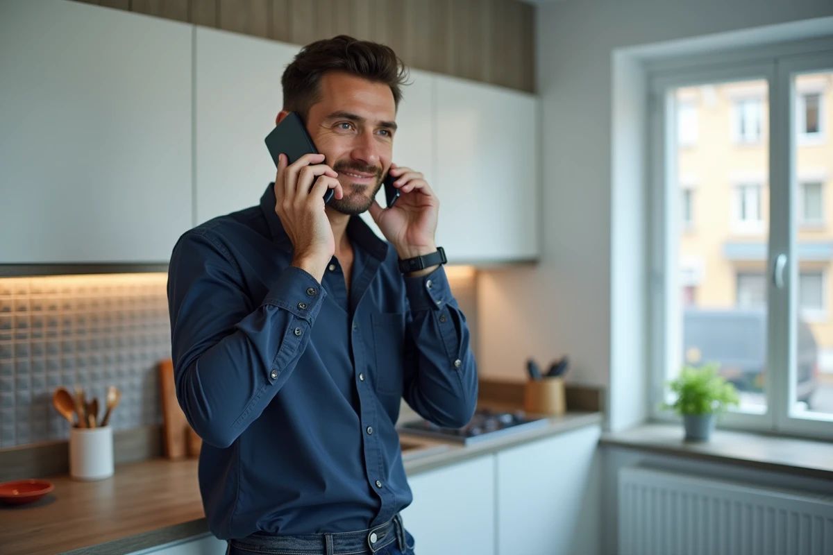 Homme appelant le service client Zalando par téléphone depuis sa cuisine