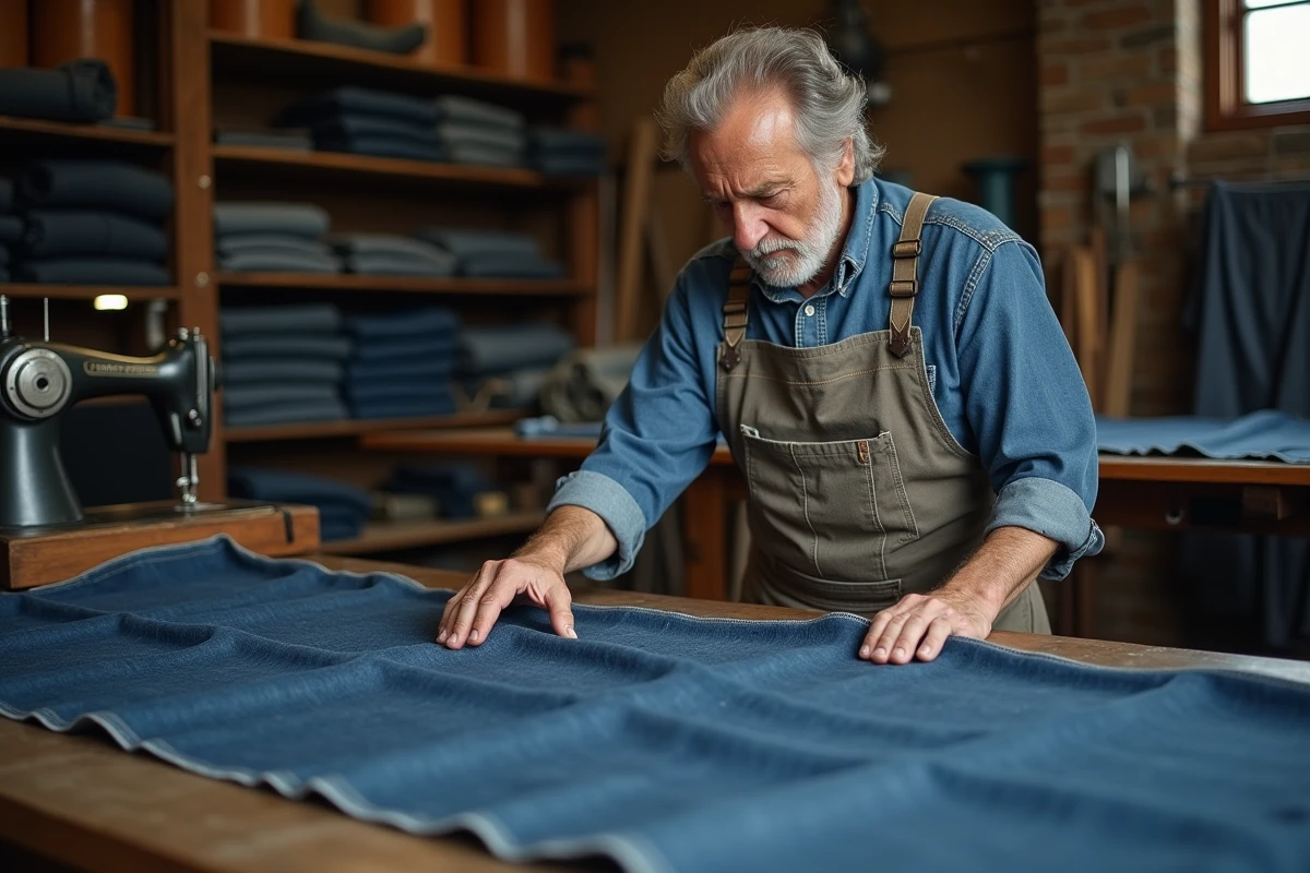 Artisan tailleur inspectant du denim selvedge brut dans un atelier textile traditionnel, évoquant le savoir-faire historique de la fabrication du jean