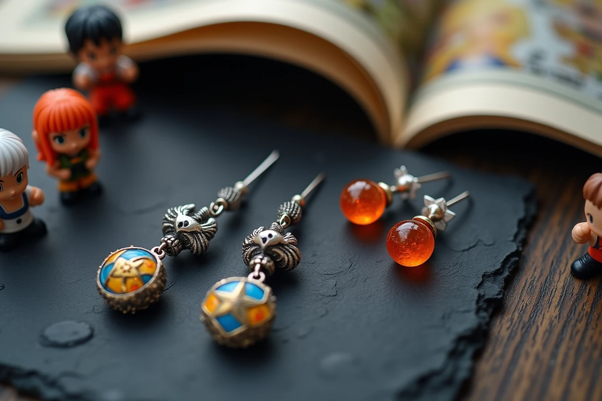 Assortiment de boucles d'oreilles Dragon Ball thématiques sur ardoise sombre avec figurines de collection
