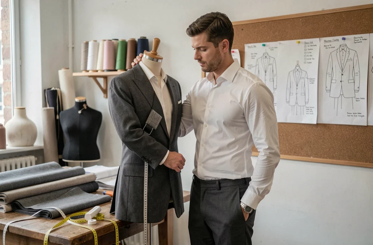 Un tailleur examine une veste sur mesure dans l'atelier Blatin à Toulouse