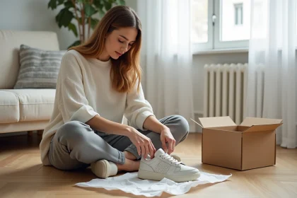 Femme examinant une paire de chaussures reçue d'une commande Thebradery dans son appartement parisien