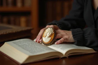 Gros plan sur une bague camée en or antique avec une scène mythologique représentant Méduse, posée sur un livre de mythologie grecque dans un bureau d'antiquaire