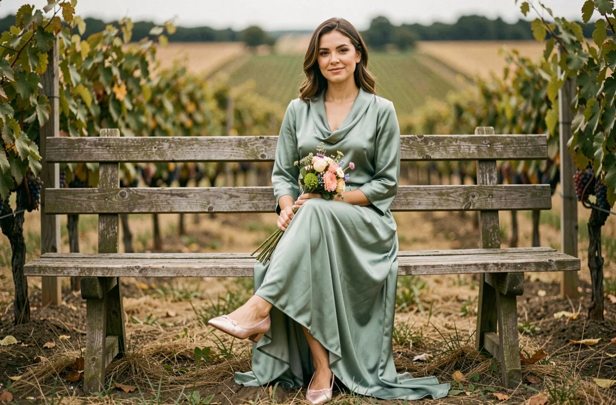 Femme en robe longue satinée verte portant des ballerines roses lors d'un mariage à la campagne
