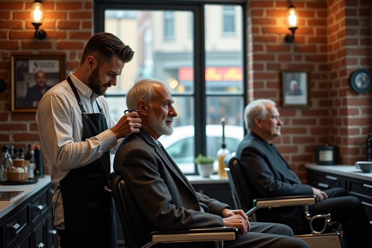 Barbier homme en atelier vintage avec client âgé