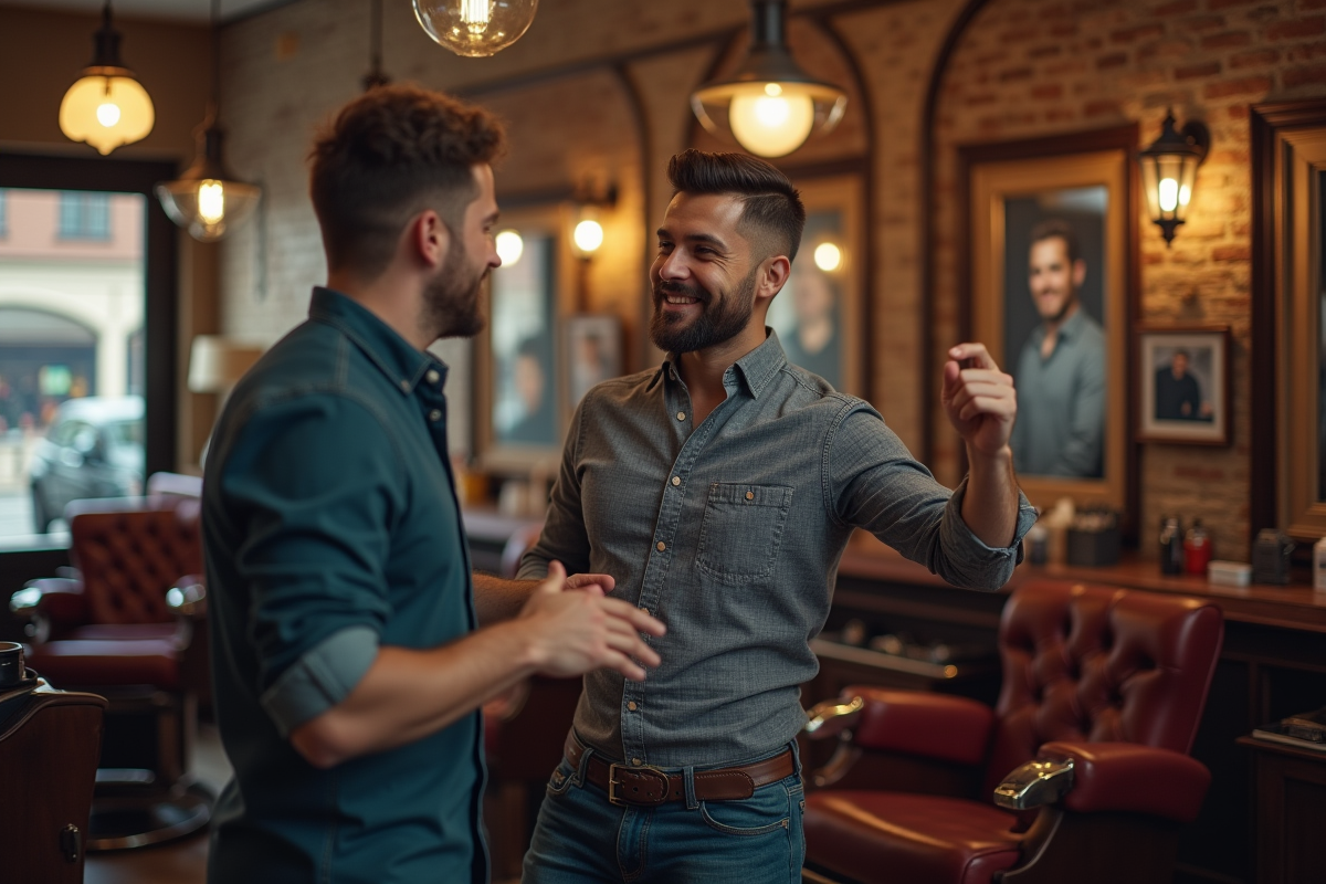 Homme discutant avec barbier dans un barbershop vintage