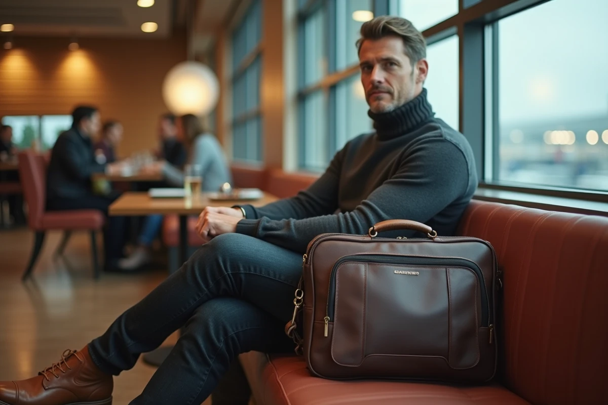 Homme assis dans un salon d'aéroport avec une besace cuir marron ouverte montrant l'intérieur organisé