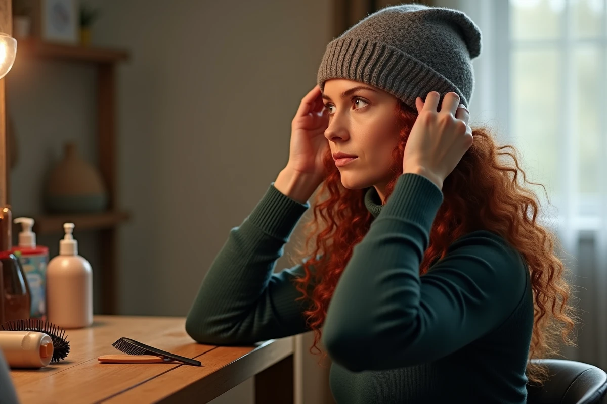 Femme aux cheveux bouclés roux ajustant un bonnet doublé de soie pour éviter les frisottis