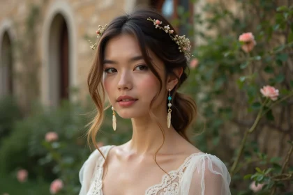 Femme en robe de mariée bohème chic portant des boucles d'oreilles dorées avec plumes et pierres turquoise dans un jardin fleuri