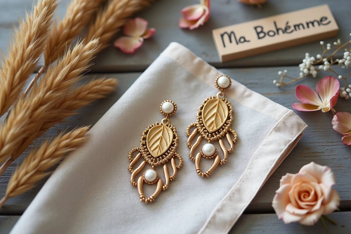 Gros plan de boucles d'oreilles bohèmes chandelier en or avec perles et macramé posées sur lin brut et fleurs séchées pour un mariage