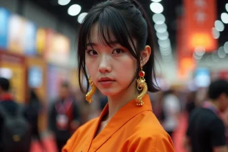 Jeune femme cosplayée portant des boucles d'oreilles Dragon Ball dorées avec détails dragon à la Japan Expo