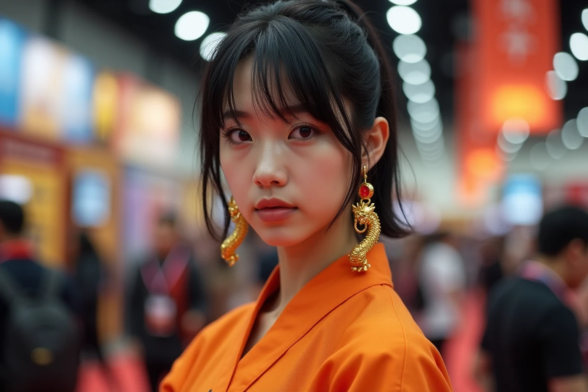 Jeune femme cosplayée portant des boucles d'oreilles Dragon Ball dorées avec détails dragon à la Japan Expo