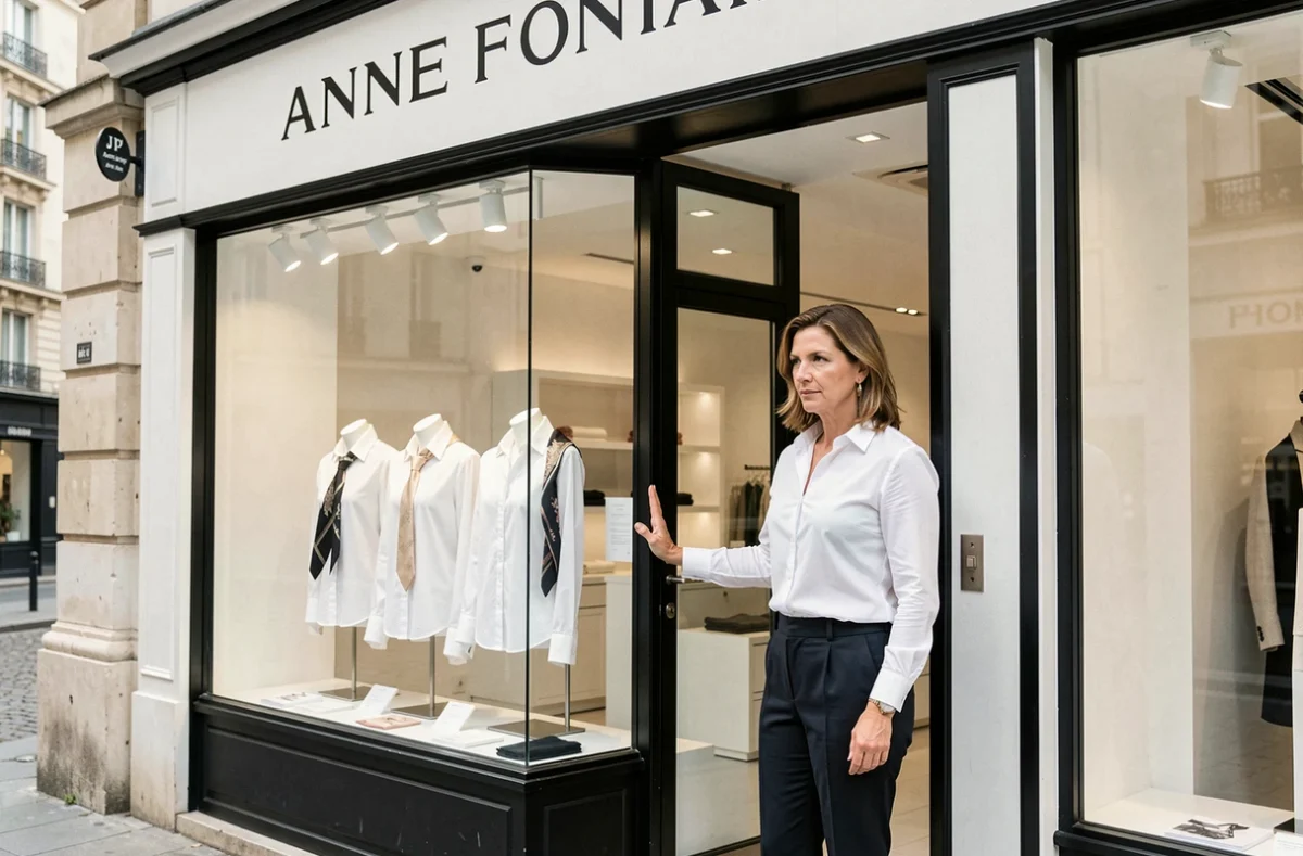 Devanture élégante de la boutique Anne Fontaine avec des chemisiers blancs iconiques en vitrine