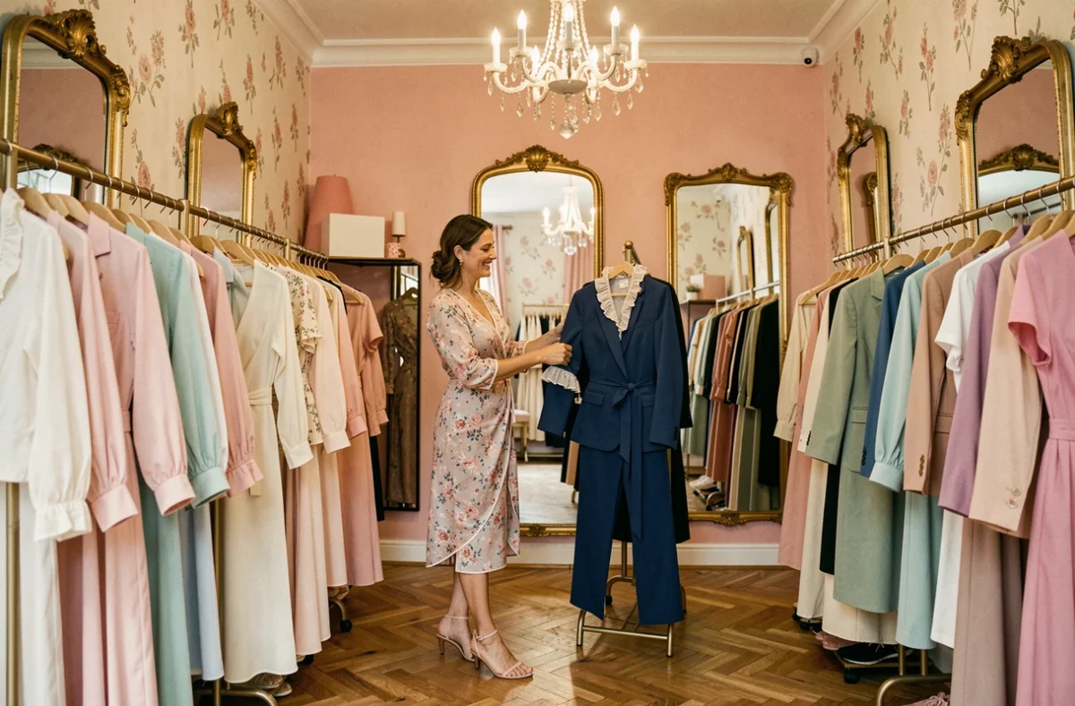 Boutique Ba&sh à Deauville avec son décor romantique rose et doré et une cliente en robe florale
