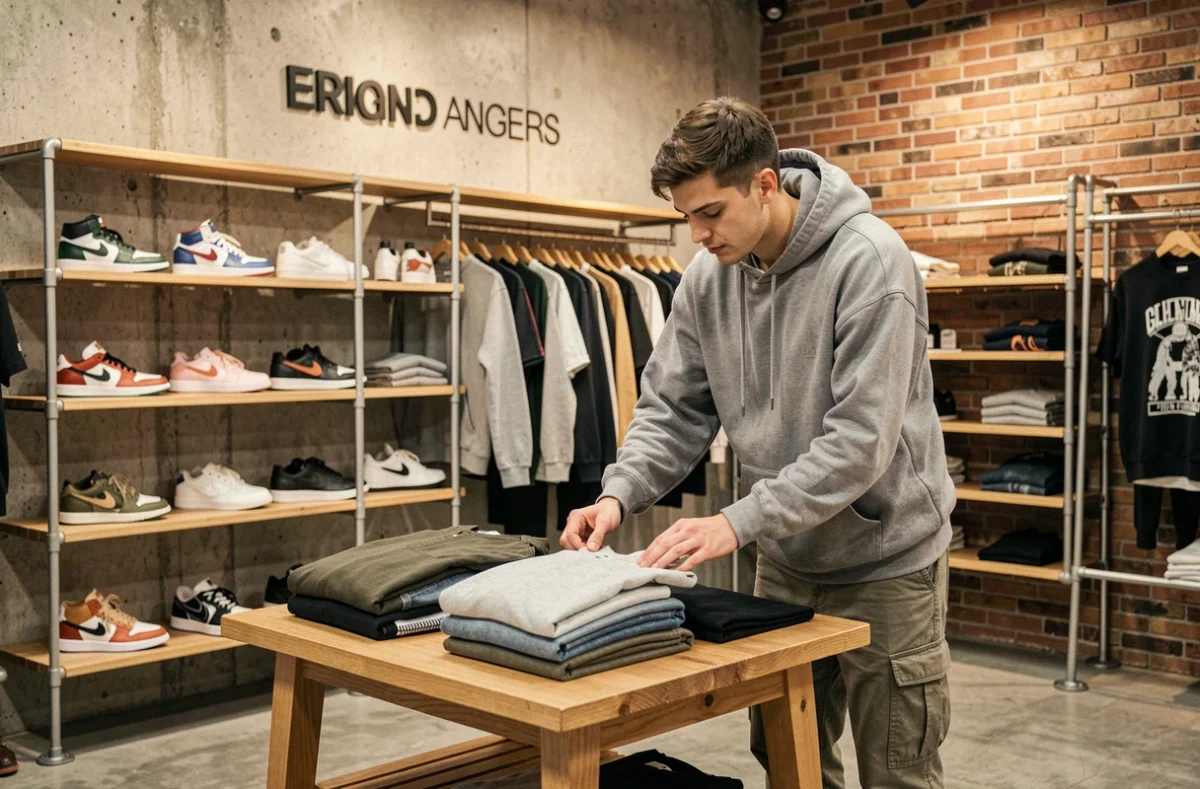 Intérieur de la boutique Biotope à Angers avec sneakers et vêtements streetwear en exposition