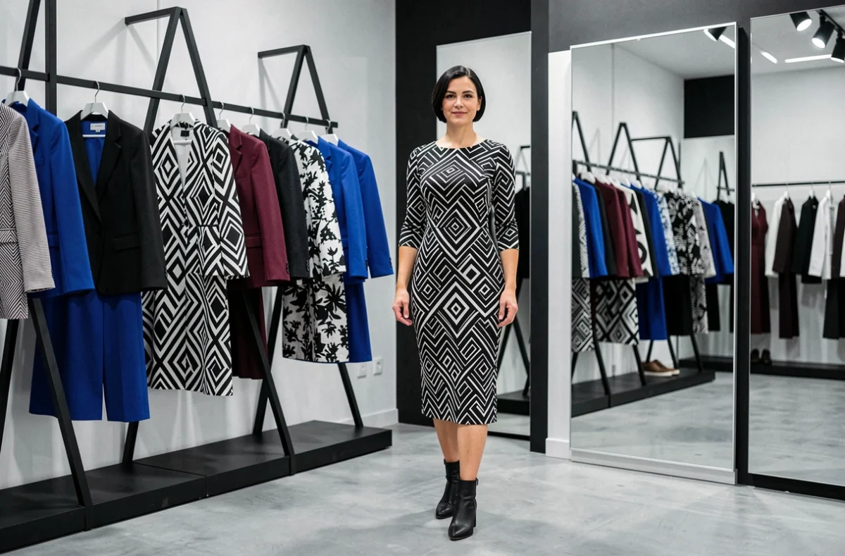 Boutique Cop.Copine à Caen avec des robes aux imprimés géométriques et une cliente en robe midi graphique