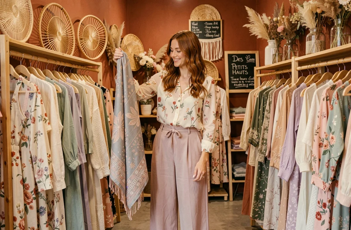 Intérieur de la boutique Des Petits Hauts à Caen avec des vêtements aux imprimés floraux et une ambiance bohème