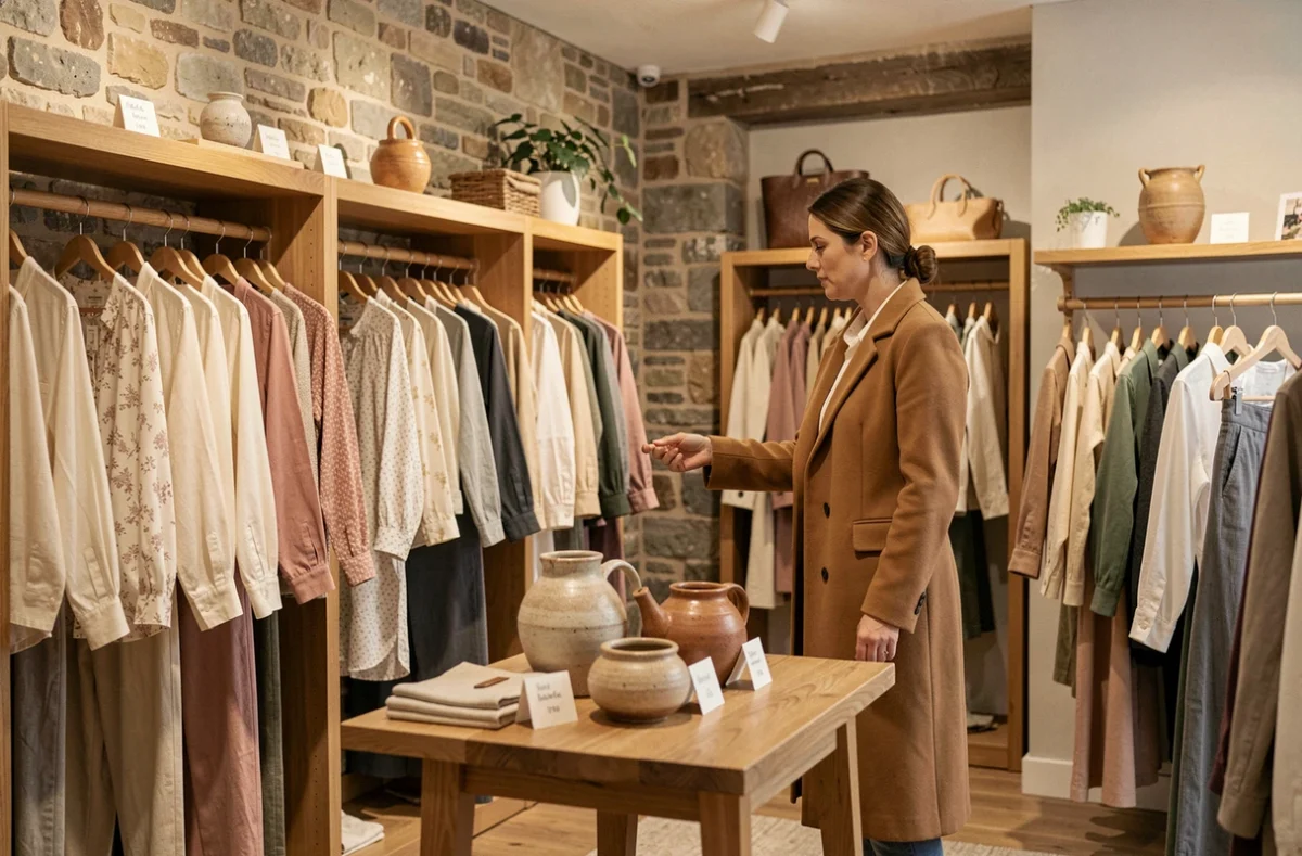 Intérieur de la boutique Odetta avec une cliente parcourant des vêtements féminins sur des portants en bois