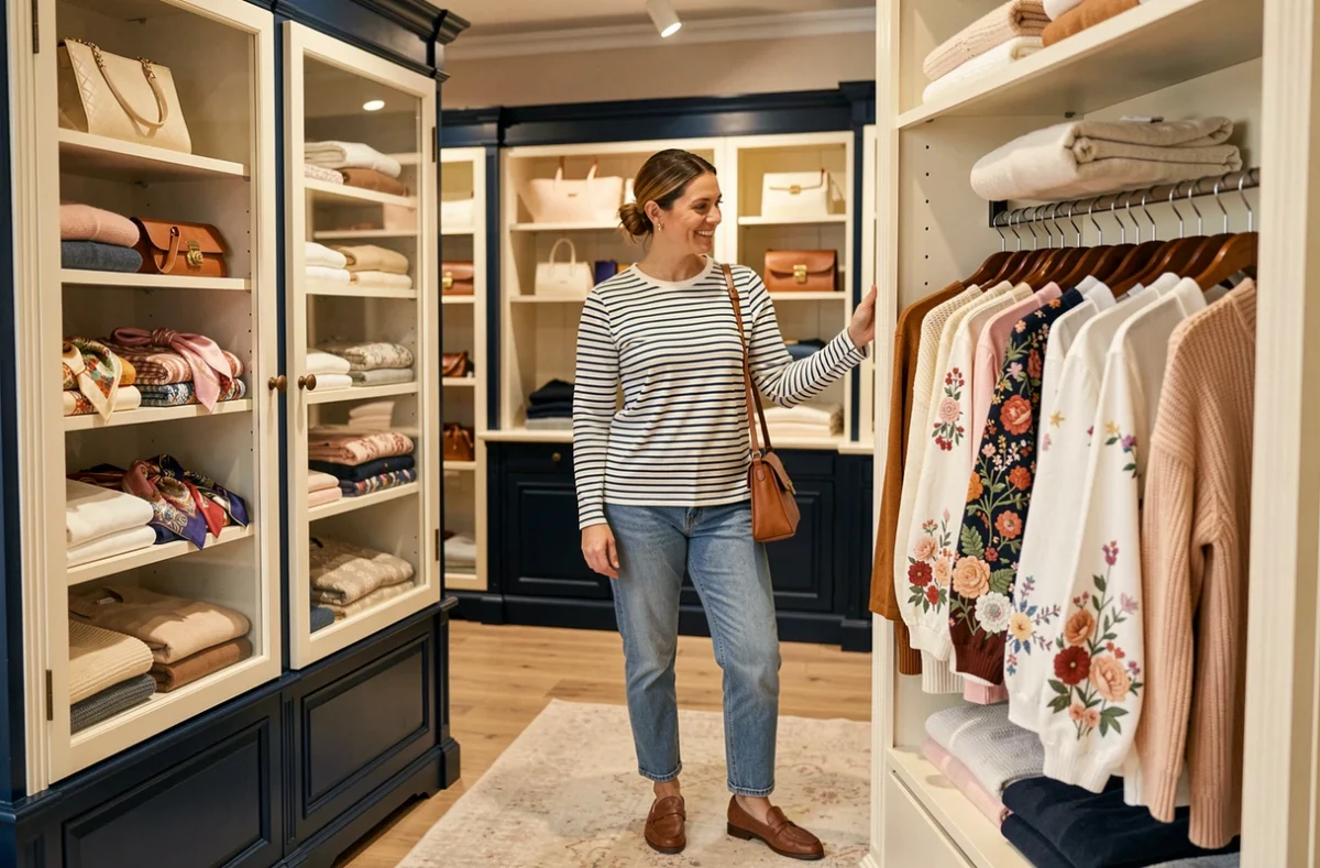 Boutique Sézane à Deauville avec une cliente en marinière bretonne parcourant des chemisiers brodés