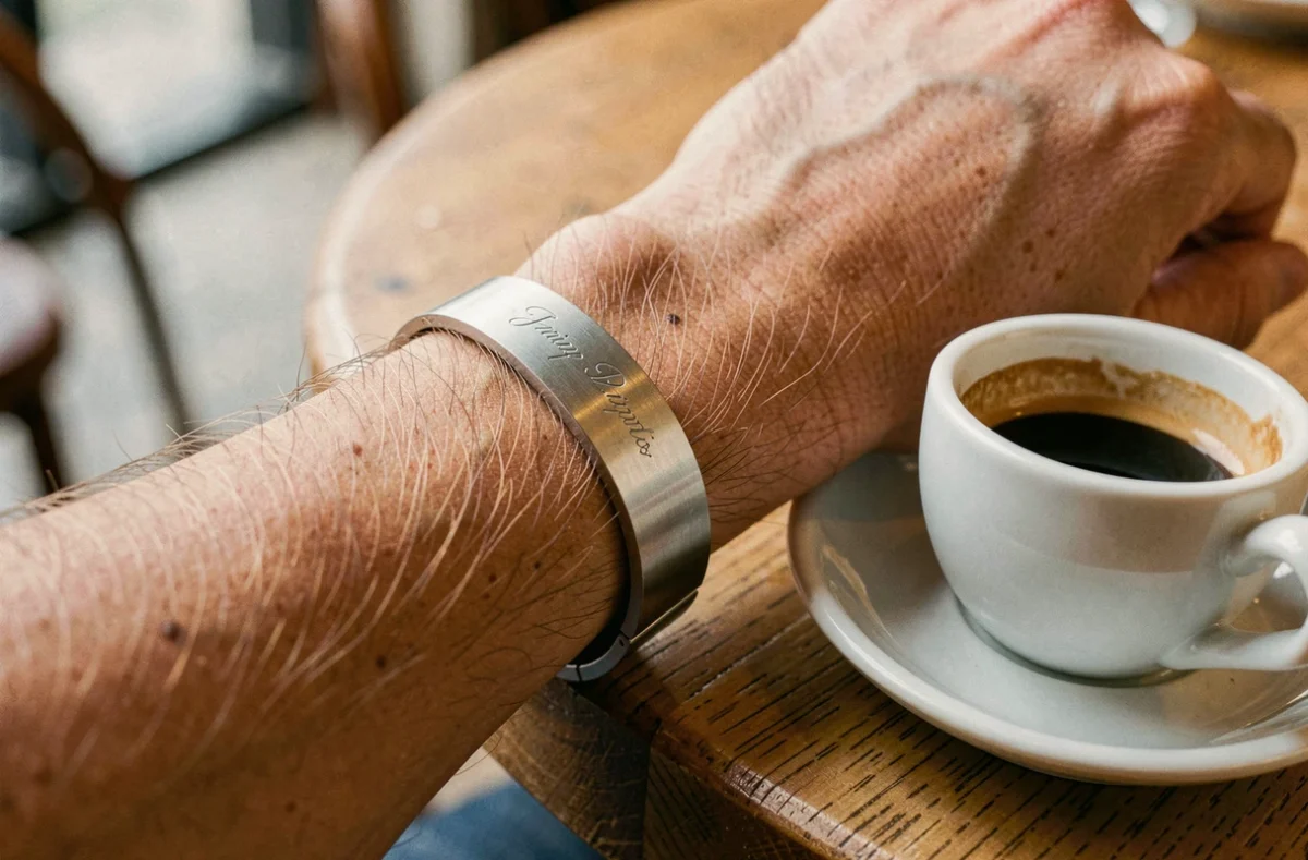 Bracelet homme en acier brossé avec gravure personnalisée porté au poignet dans un café