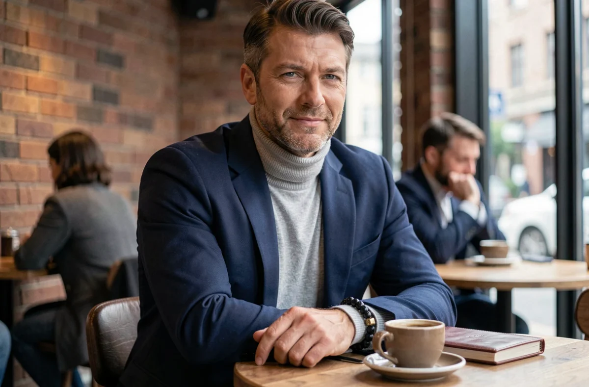 Homme élégant en blazer marine portant un bracelet onyx et or dans un café urbain