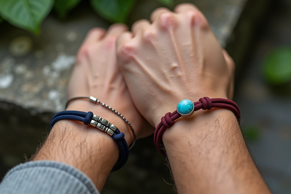 Deux bracelets cordon personnalisés portés côte à côte sur des poignets, modèles homme et femme