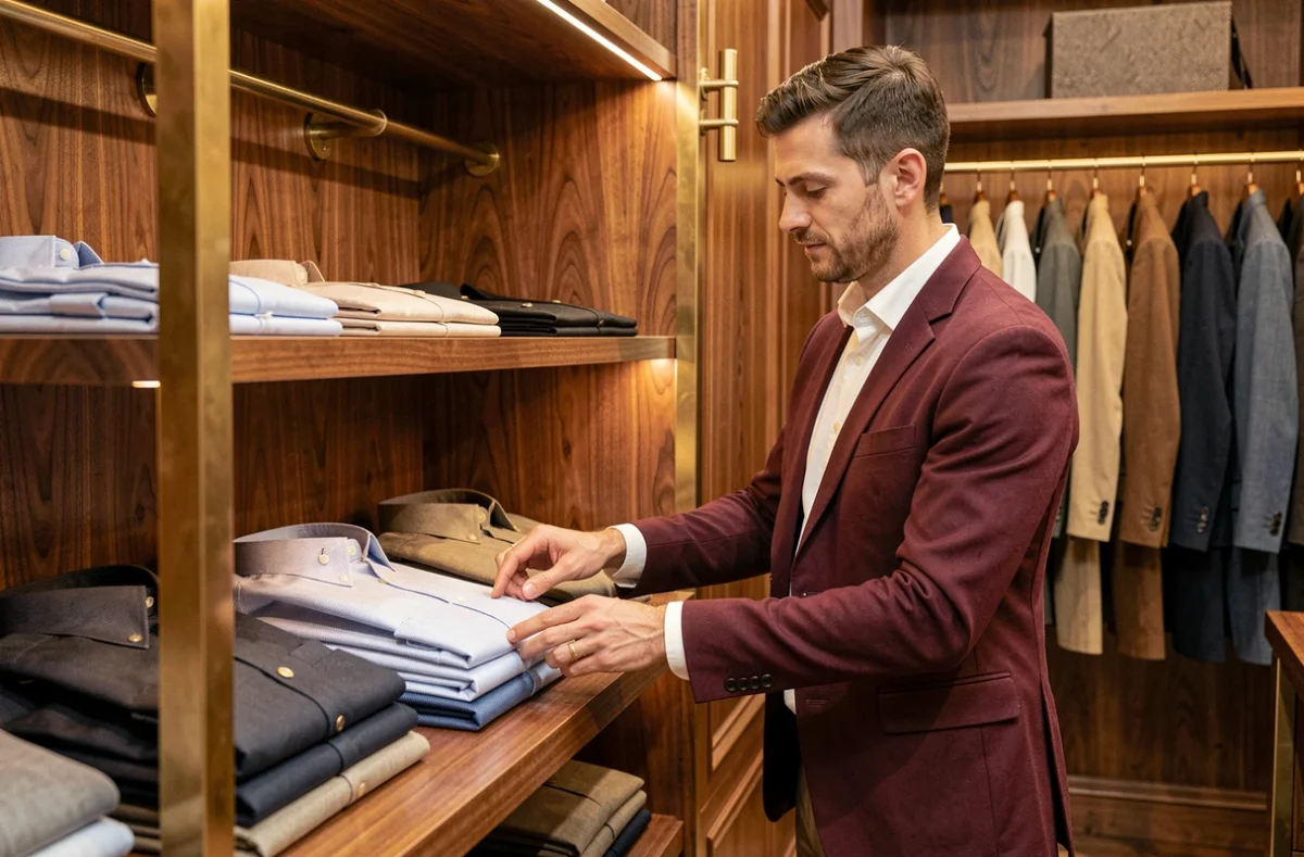 Un conseiller arrange les chemises dans la boutique By Monsieur à Toulouse