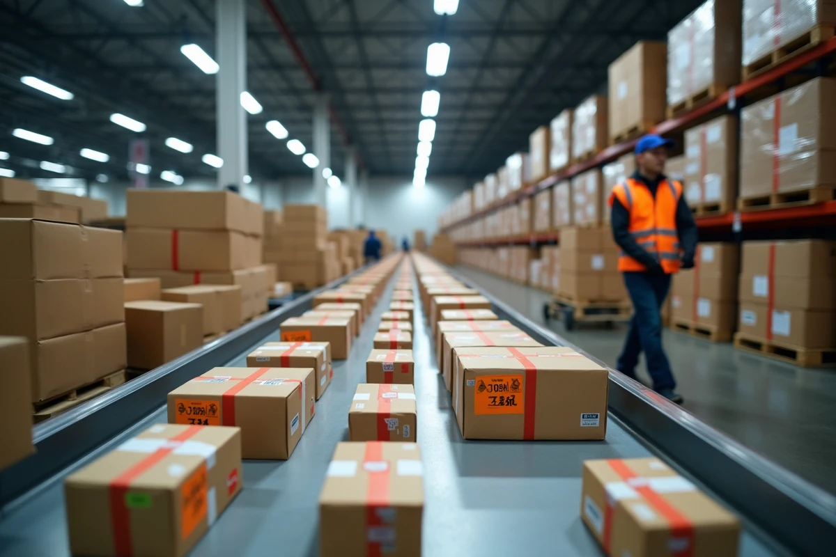 Centre de tri logistique avec convoyeurs de colis e-commerce internationaux et opérateurs en gilet