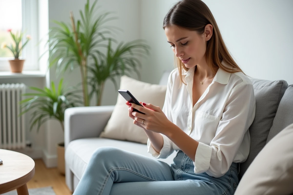 Jeune femme utilisant le chat en ligne pour joindre un conseiller Zalando depuis son salon