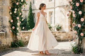 Femme en robe longue ivoire portant des sandales plates nude élégantes lors d'un mariage chic en extérieur