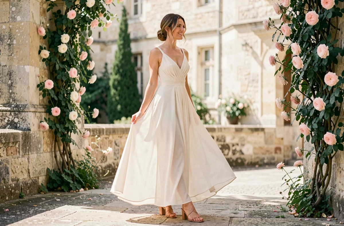Femme en robe longue ivoire portant des sandales plates nude élégantes lors d'un mariage chic en extérieur