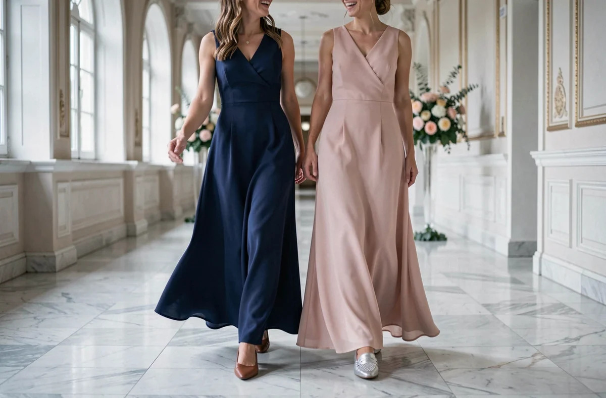 Deux femmes en robes longues élégantes portant des chaussures sans talons dans un couloir de salle de mariage