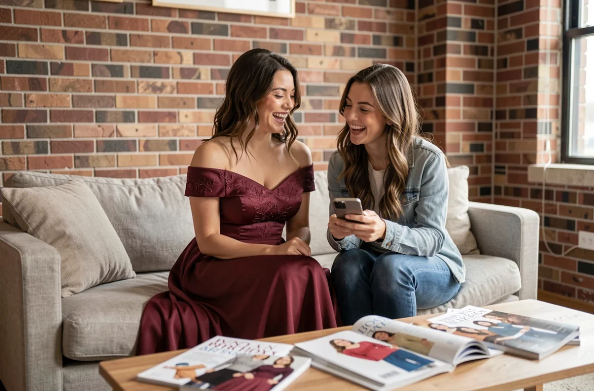 Deux amies choisissant ensemble une robe d'anniversaire originale sur smartphone dans un appartement moderne