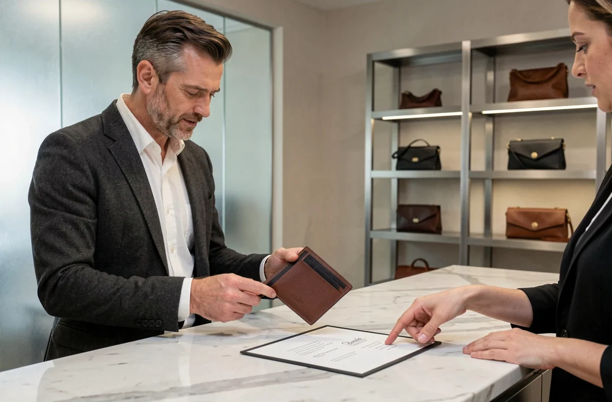 Homme en blazer choisissant une personnalisation pour un portefeuille en cuir cognac dans une boutique haut de gamme