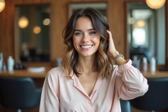 Femme souriante avec coupe de cheveux moderne en salon