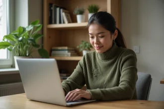 Femme en train de commander des effets militaires sur un site d'habillement en ligne depuis son bureau à domicile