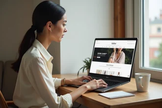 Femme parisienne commandant sur le site JOHANNA Paris depuis son appartement avec un ordinateur portable