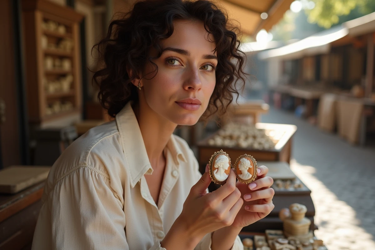 Jeune femme comparant deux bagues camées anciennes représentant Athéna et Vénus sur un marché aux antiquités en plein air