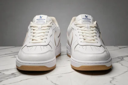Comparaison entre une vraie basket de luxe et une contrefaçon côte à côte, détails de couture et logo révélateurs