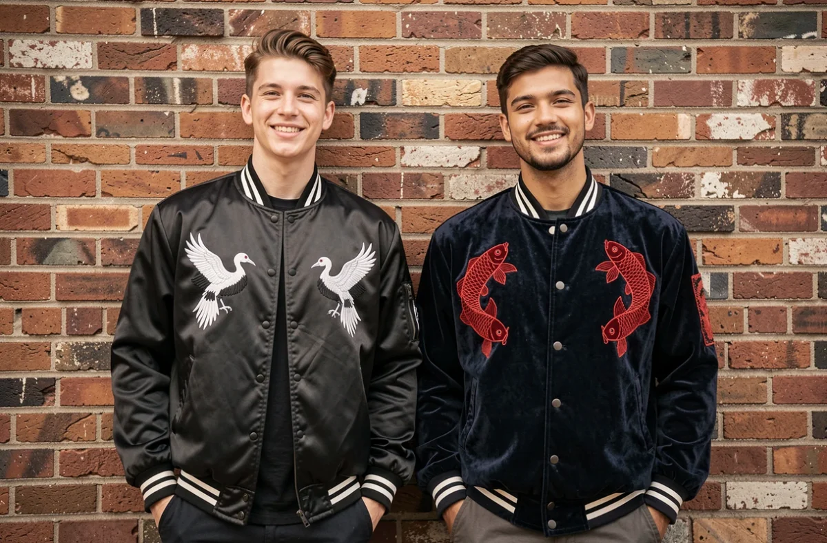 Comparaison d'une jacket souvenir en satin noir et d'une jacket souvenir en velours bleu marine portées côte à côte