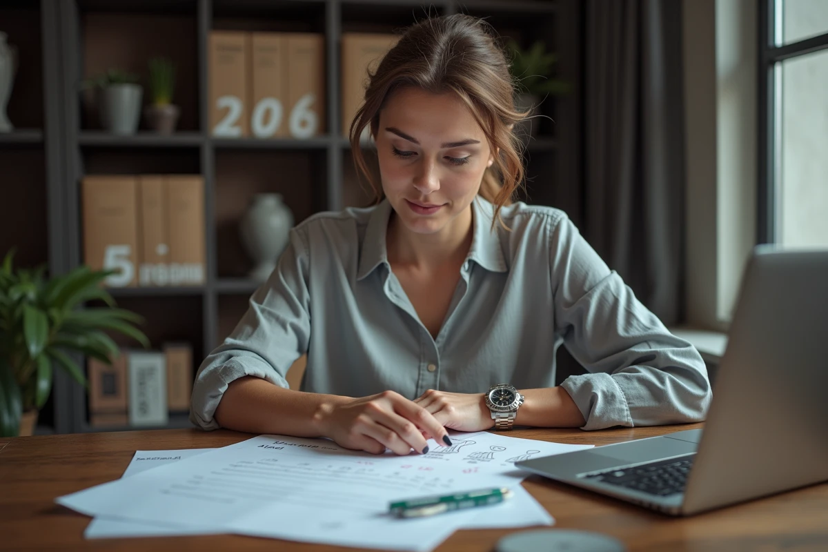Femme comparant les prix d'une Rolex Daytona sur ordinateur portable avec des notes manuscrites, représentant la recherche pour éviter de surpayer une montre de luxe